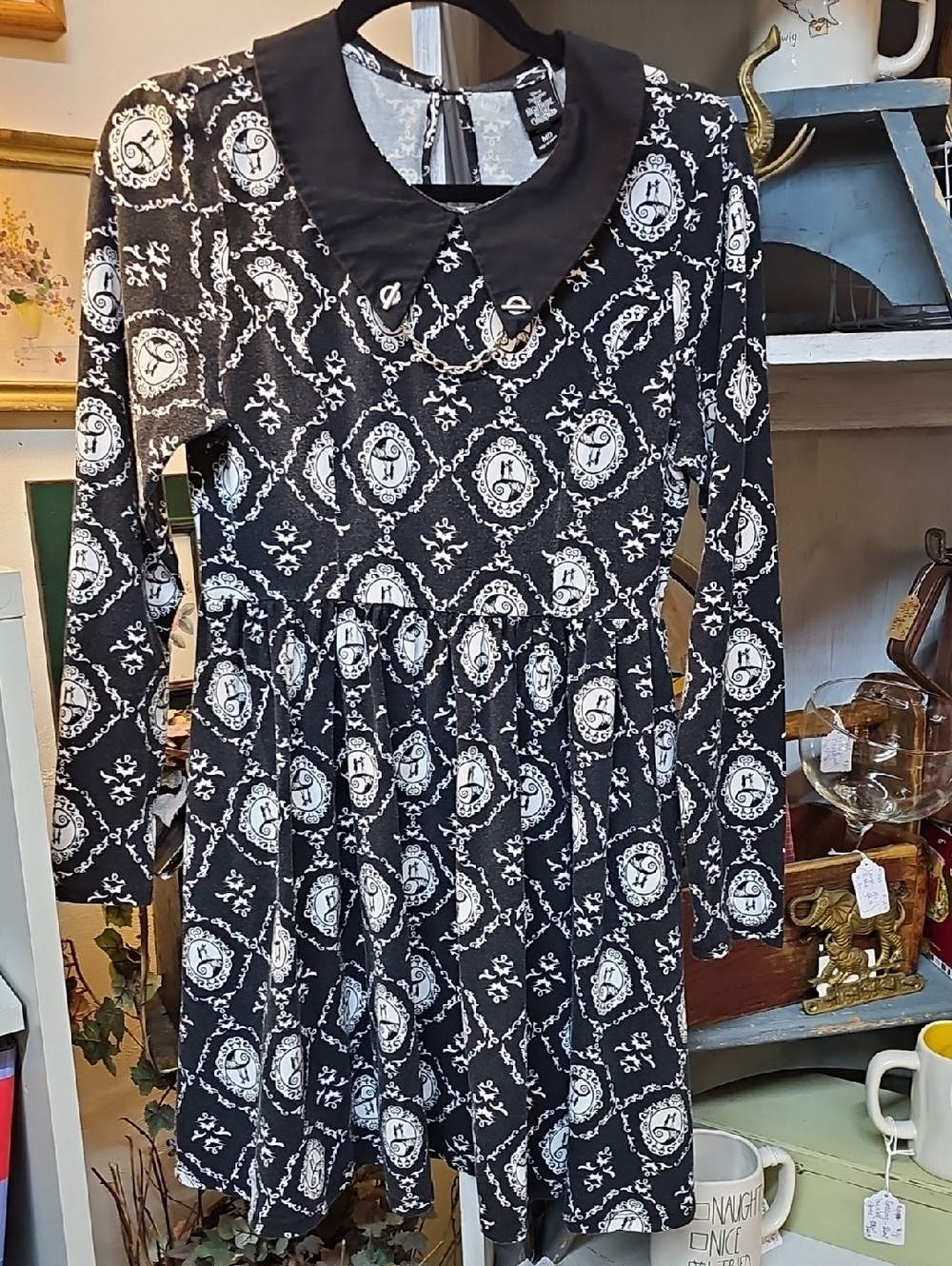DisneyTNBC  Black and White Long Sleeve Peter Pan Collar Dress with Cameo Print